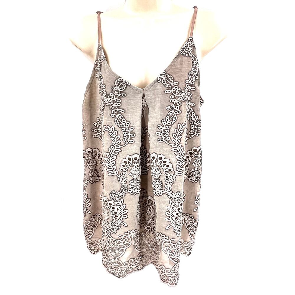 Entro Tank Women's S Taupe Boho Artisan‎ Pleated Center Straps Lined Scalloped